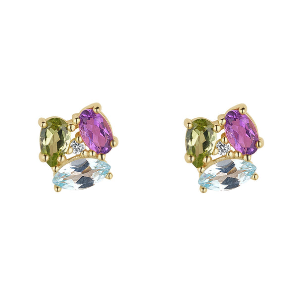 9ct Yellow Gold 3 Stone Amethyst, Blue Topaz and Peridot Stud Earrings