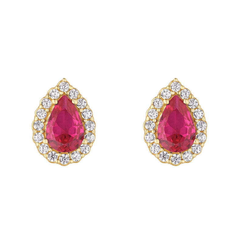 9ct Yellow Gold Ruby Red and CZ Pear Shape Stud Earrings