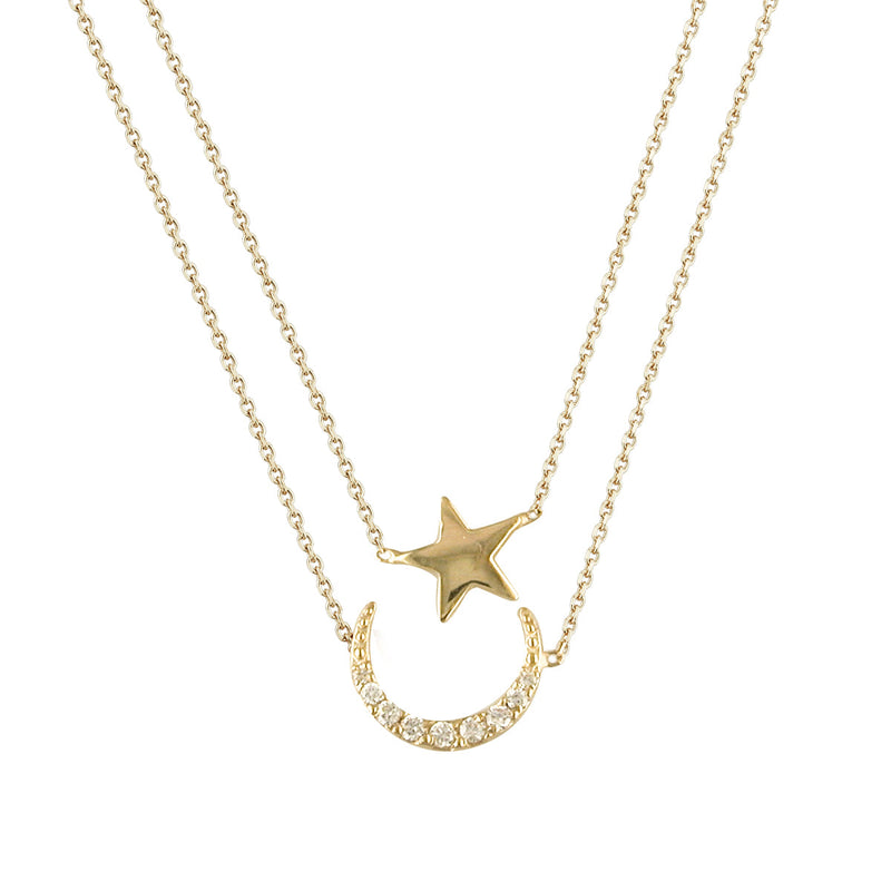NJO Designs 9ct Yellow Gold Star and CZ Moon Double Chain Pendant
